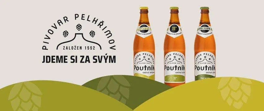 The new Pivovar Pelhřimov logo – Jdeme si za svým (We go our own way) – and Poutník Výčepní, 11° and Premium bottles